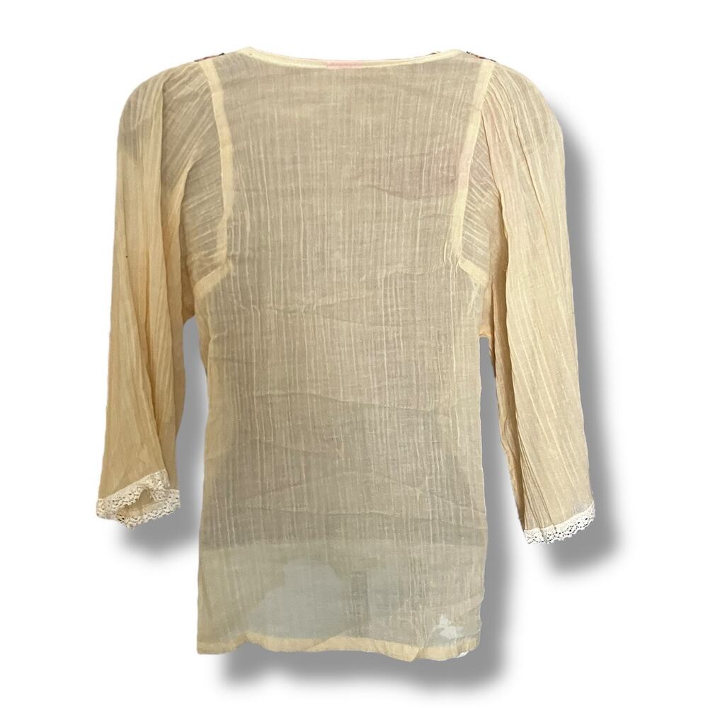 Vintage Sheer Peasant Blouse Boho Lace Trim Cream Top Size Large - Picture 6 of 7